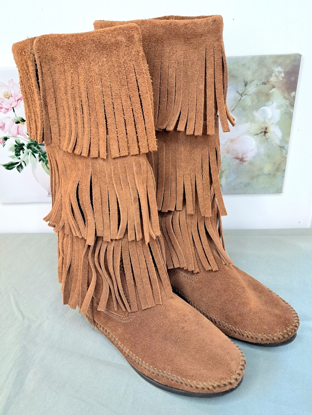 Minnetonka 3-Layer Fringe Leather Moccasin Boots Women's Size 7 Brown